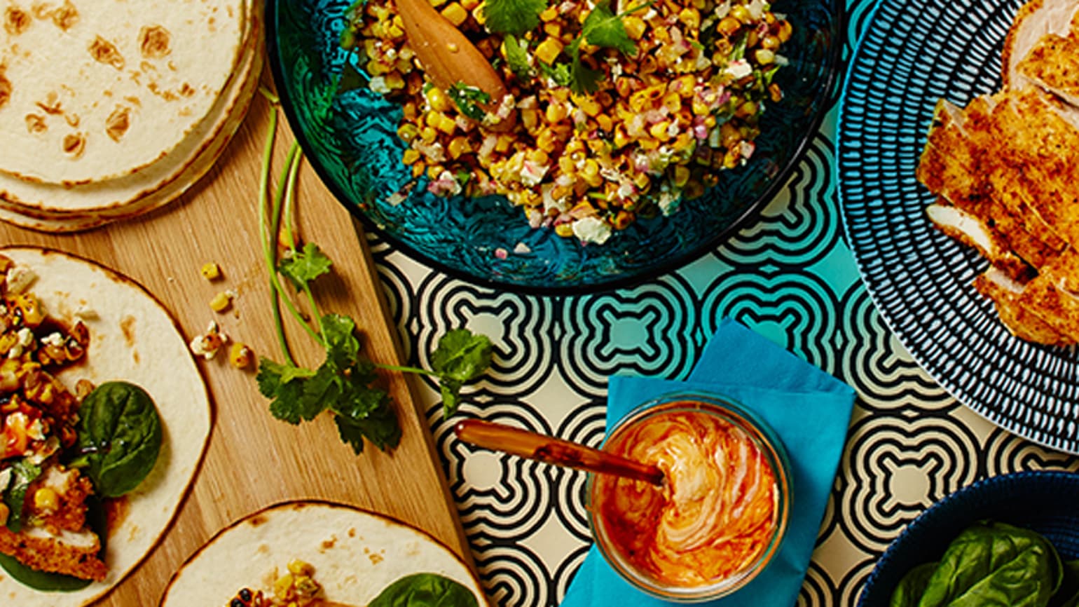 Crispy Chicken Soft Tacos with Charred Corn Salad